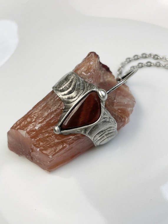 Big Red Calcite And Red Tigers Eye,red Calcite Necklace,silver Gemstone Necklace,raw Jewelry,healing Pendant,gemstone Jewelry