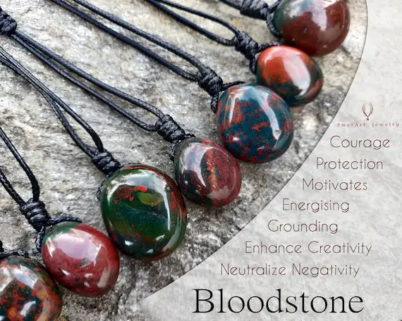 Bloodstone Necklace For Men And Women, Green And Red Stone Necklace, Motivation Energizing And Protection Crystal Jewelry, Spiritual Gift