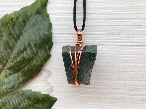 Bloodstone Necklace, Raw Dark Green Crystal, Copper Wire Wrapped, Bloodstone Pendant, New Age Jewelry