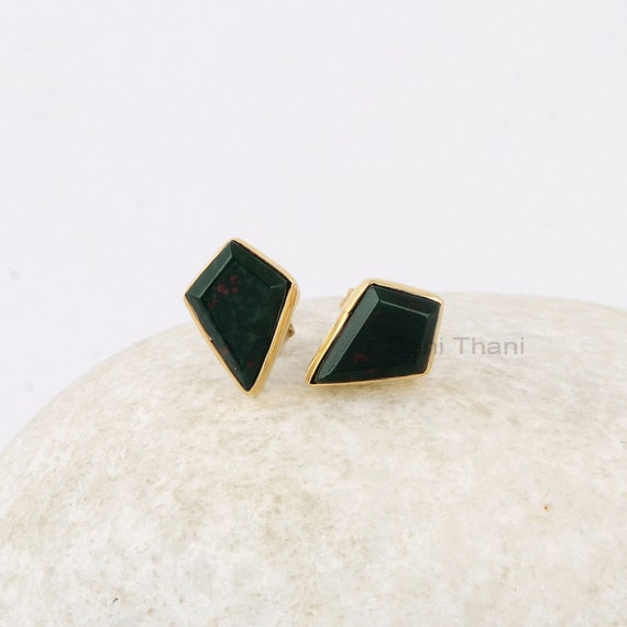 Bloodstone Stud Earrings - Pure Silver - Handcrafted Studs - Kite Cut - Bestseller Jewelry - Gift For Grandma - Jewelry For Strength