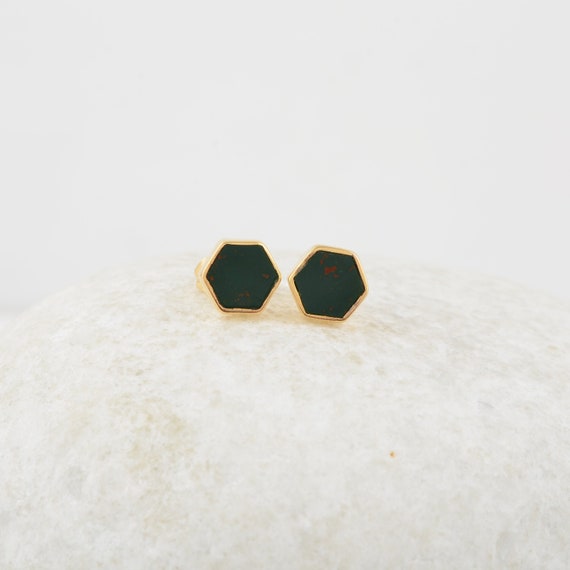 Bloodstone Stud Earrings - Sterling Silver - Gemstone Studs - 6mm Hexagon - Matching Jewelry - Gift For Ladies - Jewelry For Graduate