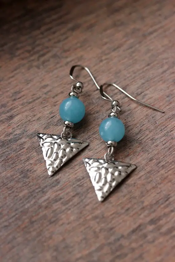 Blue Angelite Earrings Blue Gemstone Earrings Triangular Charm Dangle Earrings Silver Blue Earrings Geometric Earrings Blue Stone Earrings