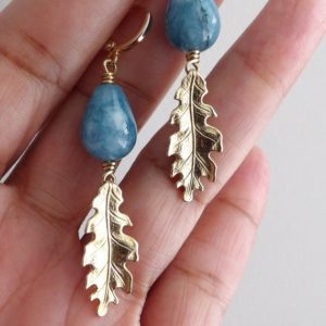 Shop Angelite Earrings! Blue Angelite leaf earrings gemstone earrings gold oak leaf earrings blue gemstone earrings natural angelite earrings dangle drop earrings | Natural genuine Angelite earrings. Buy crystal jewelry, handmade handcrafted artisan jewelry for women.  Unique handmade gift ideas. #jewelry #beadedearrings #beadedjewelry #gift #shopping #handmadejewelry #fashion #style #product #earrings #affiliate #ad
