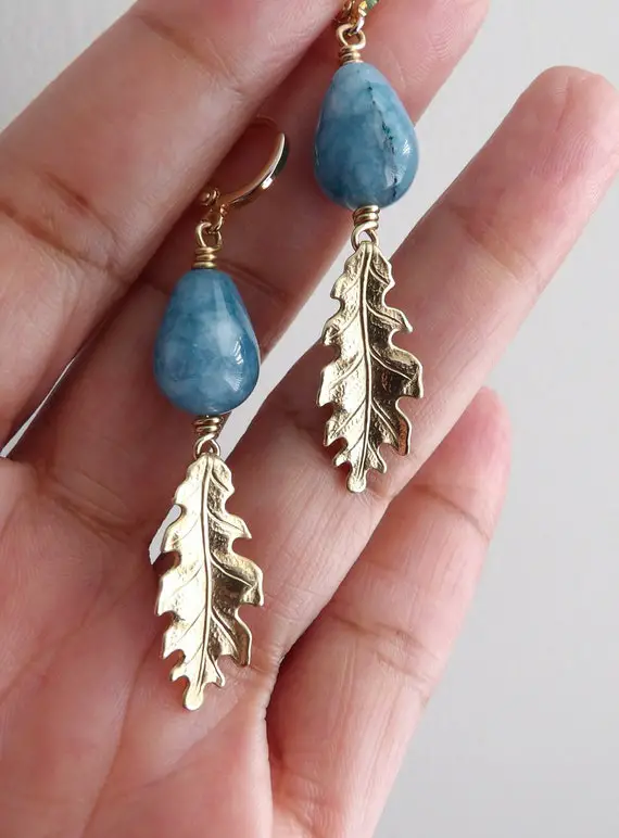 Blue Angelite Leaf Earrings Gemstone Earrings Gold Oak Leaf Earrings Blue Gemstone Earrings Natural Angelite Earrings Dangle Drop Earrings