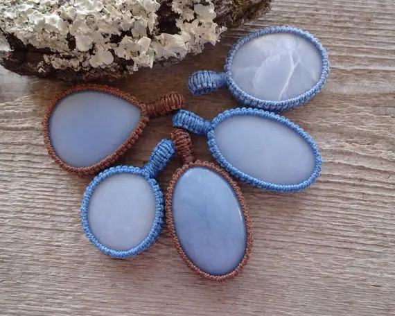 Blue Angelite Necklace, Throat Chakra Angel Stone Macrame Pendant, Gemstone Pendants, Peaceful Calming Blue Stone Macrame Necklace Gift