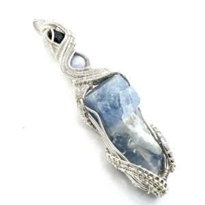 Shop Blue Calcite Jewelry! Blue Calcite gemstone pendant with Blue Lace Agate and Brookite wire wrapped in fine silver. Floating Out Of Your Physical Body | Natural genuine Blue Calcite jewelry. Buy crystal jewelry, handmade handcrafted artisan jewelry for women.  Unique handmade gift ideas. #jewelry #beadedjewelry #beadedjewelry #gift #shopping #handmadejewelry #fashion #style #product #jewelry #affiliate #ad