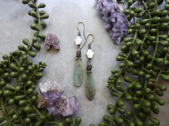 Blue Calcite & Mother Of Pearl Hamsa Earrings - Blue Calcite Earrings - Gemstone Drop Earrings - Hamsa Hand Earrings - Crystal Earrings