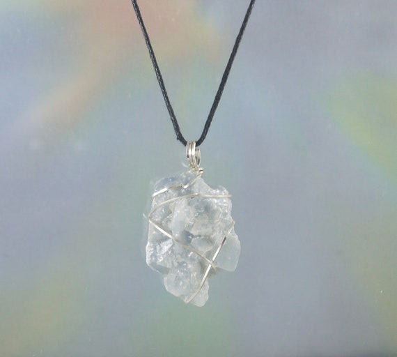 Blue Calcite Pendant, Wire Wrap, Necklace, 1 3/4", Calm, Serenity, Anxiety