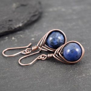 Shop Dumortierite Jewelry! Blue Sunset Dumortierite Gemstone Bead Wire Wrapped Earrings, Beaded Earrings, Oxidised Copper Earrings | Natural genuine Dumortierite jewelry. Buy crystal jewelry, handmade handcrafted artisan jewelry for women.  Unique handmade gift ideas. #jewelry #beadedjewelry #beadedjewelry #gift #shopping #handmadejewelry #fashion #style #product #jewelry #affiliate #ad