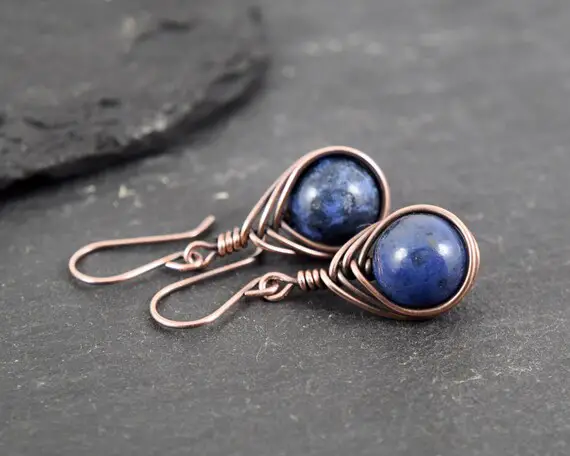 Blue Sunset Dumortierite Gemstone Bead Wire Wrapped Earrings, Beaded Earrings, Oxidised Copper Earrings