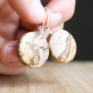 Brown Gemstone Earrings Leverback . Picture Jasper Earrings Dangle . Circle Gemstone Earrings Lever Back 925 Sterling Silver | Natural genuine Gemstone earrings. Buy crystal jewelry, handmade handcrafted artisan jewelry for women.  Unique handmade gift ideas. #jewelry #beadedearrings #beadedjewelry #gift #shopping #handmadejewelry #fashion #style #product #earrings #affiliate #ad