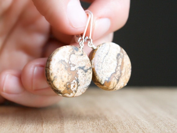 Brown Gemstone Earrings Leverback . Picture Jasper Earrings Dangle . Circle Gemstone Earrings Lever Back 925 Sterling Silver
