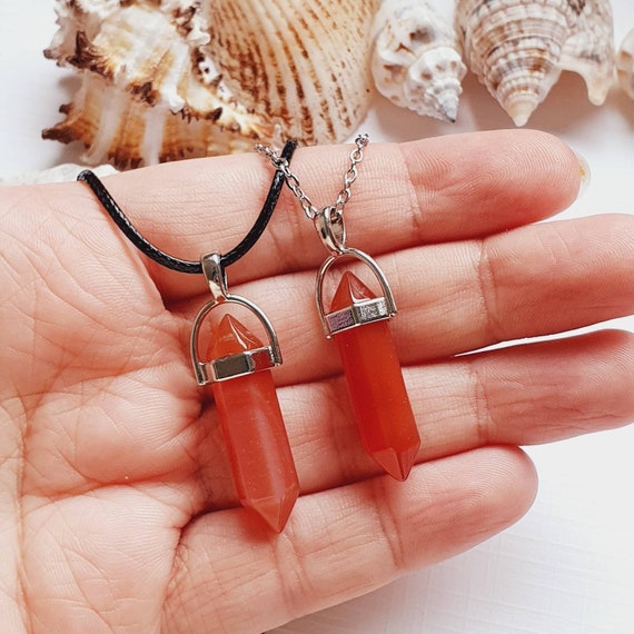 Carnelian Necklace, Carnelian Point Pendant With Black Cord Or Stainless Steel Chain, Creativity Harmony Courage Happiness Gift