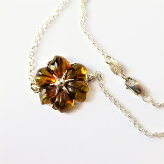 Carved Amber Silver Flower Pendant, Baltic Amber Jewelry, Unique Silver Amber Jewellery, Silver Flower Necklace, Amber Necklace For Adults