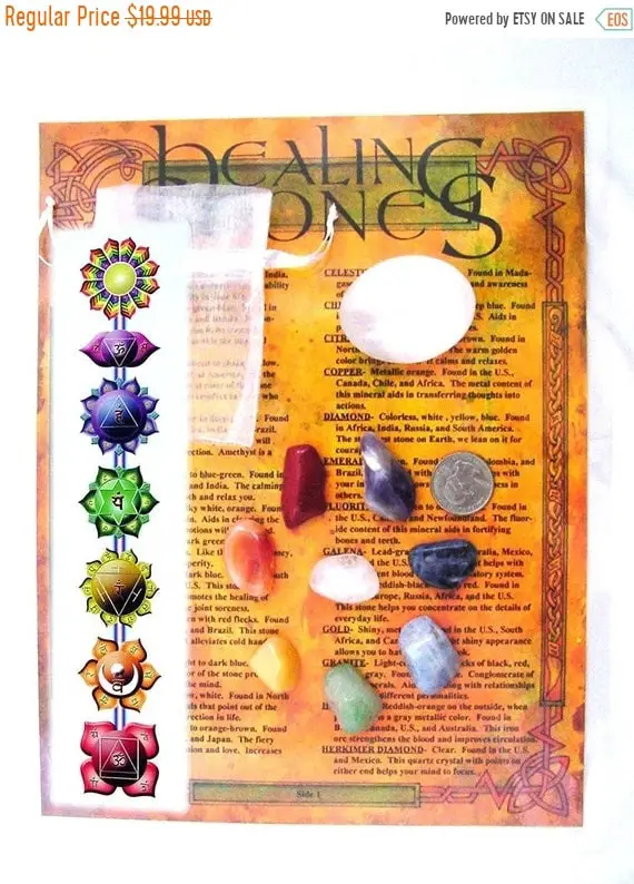 Chakra + Quartz Natural Stone Healing Kit + Chart & Selenite Palm Stone 3700p