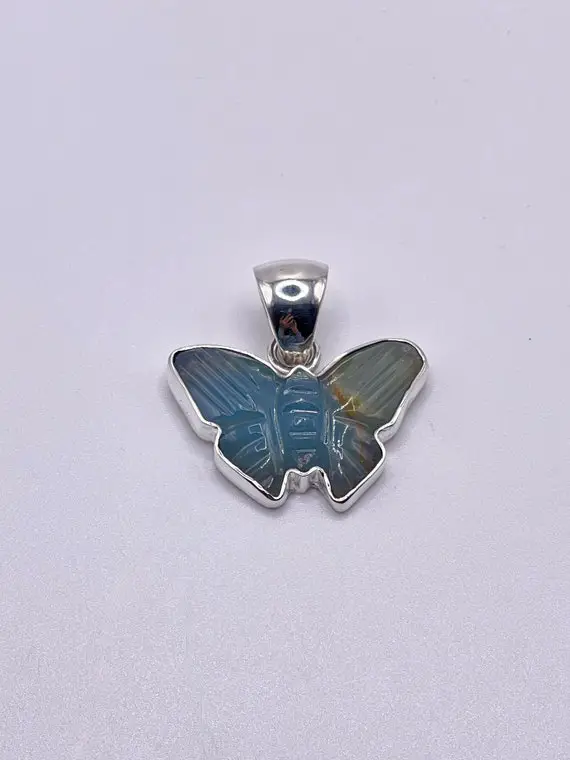 Charles Albert Blue Calcite Carved Butterfly Small Pendant Bezel Set In Fine Sterling Silver