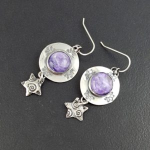 Shop Charoite Earrings! Charoite Earrings sterling silver michele grady crystal ball dangle purple stone drop witchy statement jewelry halloween | Natural genuine Charoite earrings. Buy crystal jewelry, handmade handcrafted artisan jewelry for women.  Unique handmade gift ideas. #jewelry #beadedearrings #beadedjewelry #gift #shopping #handmadejewelry #fashion #style #product #earrings #affiliate #ad