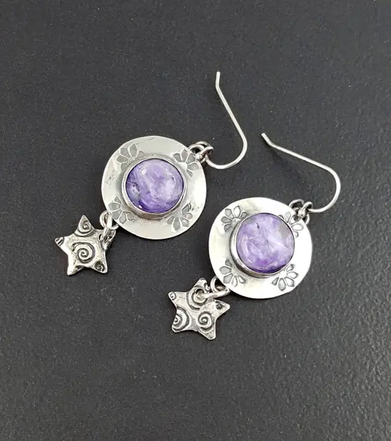 Charoite Earrings Sterling Silver Michele Grady Crystal Ball Dangle Purple Stone Drop Witchy Statement Jewelry Halloween
