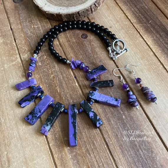 Charoite Necklace Purple Amethyst Set Gemstone Black Agate Boho Set Necklace Crystal Handmade Beaded Silver Gift Unique Hippie Jewelry Women