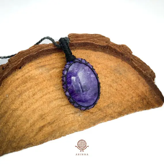 Charoite Pendant - Macrame Charoite Necklace - Purple Crystal Necklace - Unique Crystal Necklace - Macrame Pendant Light -