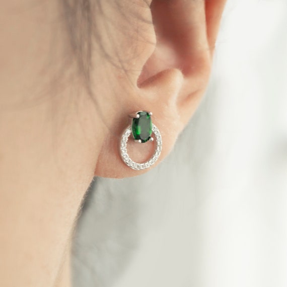 Chrome Diopside Earrings Surrounded By Cubic Zirconias, Minimalist Jewelry, Diopside Stud, Birthday Gift Her, 925 Sterling Silver