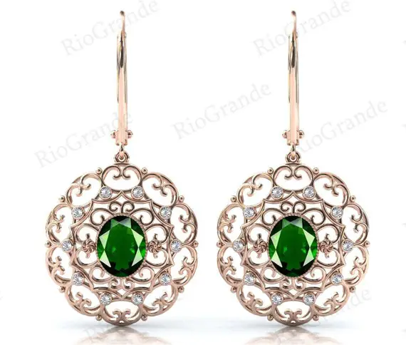 Chrome Diopside Earrings Vintage Green Gemstone Wedding Earrings Art Deco Filigree Style Earrings Antique Floral Design Earrings For Women