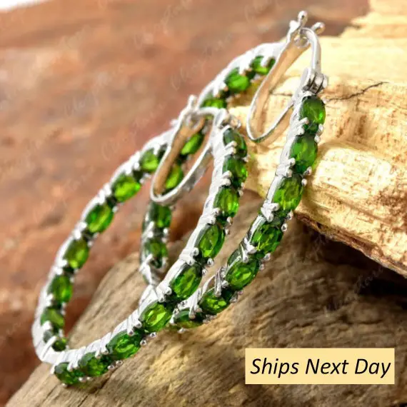 Chrome Diopside Hoop Earrings, Handmade Oval Cut Diopside Gemstone Earrings, Unique Green Gemstone Earrings Anniversary Gift For Mother Love