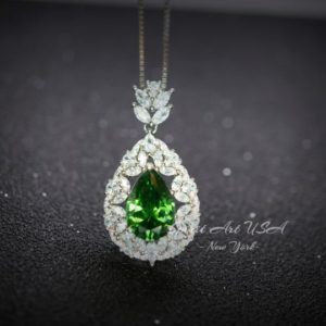 Shop Diopside Necklaces! Chrome Diopside Necklace –  Diamond Flourishing Wheat Style – Teardrop Pear Cut – 18KGP @ Sterling Silver – 3 CT Green Diopside Pendant #885 | Natural genuine Diopside necklaces. Buy crystal jewelry, handmade handcrafted artisan jewelry for women.  Unique handmade gift ideas. #jewelry #beadednecklaces #beadedjewelry #gift #shopping #handmadejewelry #fashion #style #product #necklaces #affiliate #ad