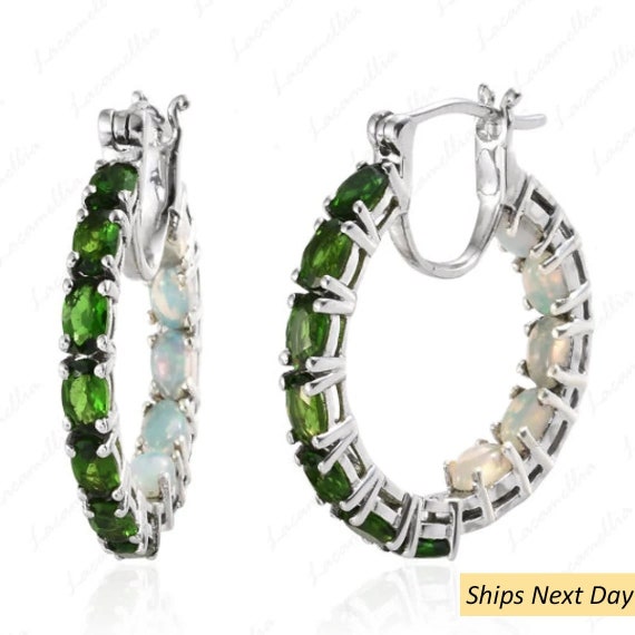 Chrome Diopside Opal Hoop Earrings , Unique Oval Cut Diopside Earring, Green Gemstone Personalized Anniversary Earrings Gift For Mother Love