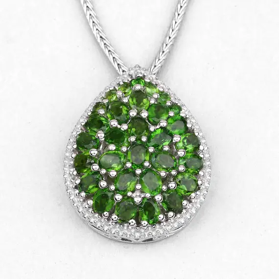 Chrome Diopside Pendant, Natural Chrome Diopside Sterling Silver Pendant Necklace, Emerald Green Chrome Diopside Cluster Necklace For Women