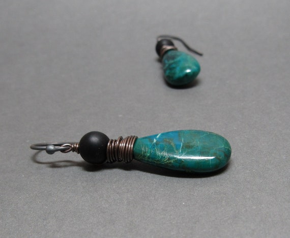 Chrysocolla Earrings Blue Green Black Onyx Oxidized Sterling Silver Gift For Her Wire Wrapped