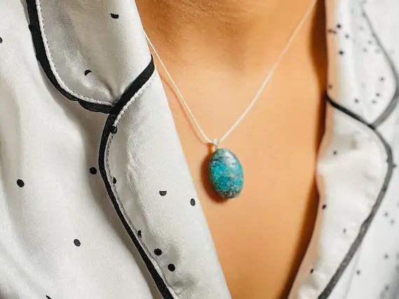 Chrysocolla Necklace Blue-green & Brown Oval Gemstone Pendant, Throat Chakra Gift For Women, Unique Handmade Jewelry Chunky Boho Statement