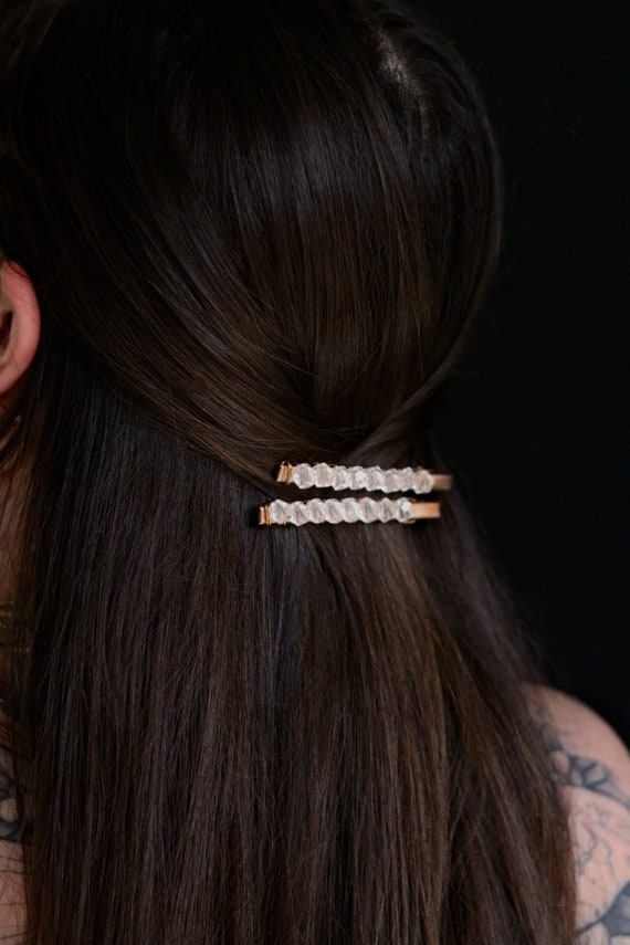 Quartz Hair Clips, Gemstone Crystal  Barrettes (pair)