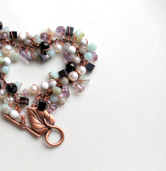 Copper Gemstone Bracelet / Wire Wrapped Handmade Gift / Lignite (jet) / Howlite / Amethyst / Amazonite / Hemalyke / Pearls / Feldspar