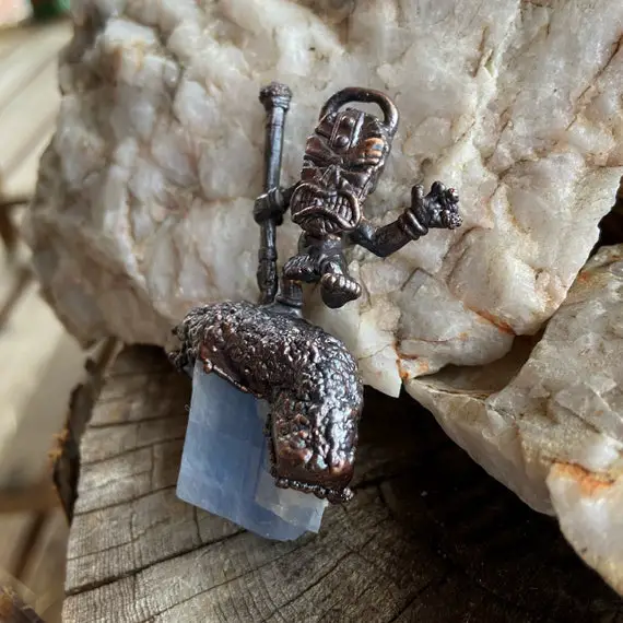 Copper Masked Warrior On Blue Calcite Pendant Necklace