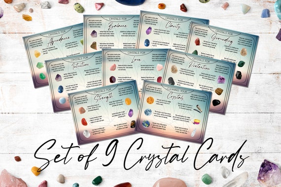 Crystal Meaning Cards | Printable Set Of 9 Cards That Lists Healing Crystals, Their Meanings, And A Bonus Card For Cleaning Your Crystals.