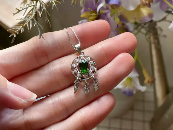 Dream Catcher Pendant Necklace With Faceted Diopside Crystal , Silver Feather Pendant, Small Cute Pendant, Girly Necklace, Diopside Necklace