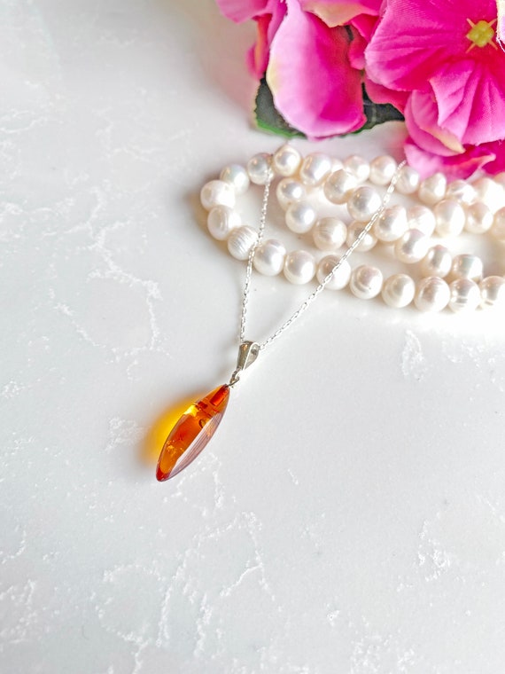 Drop Amber Necklace - Baltic Amber Necklace - Amber Stone Jewelry - 925 Sterling Silver Necklace - Amber Necklace For Woman