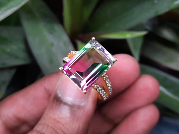 Dual Pavè Watermelon Tourmaline Ring, Engagement Ring, Solitaire Ring ,wedding Ring In 925 Sterling Silver, Statement Ring, Emerald Cut Ring