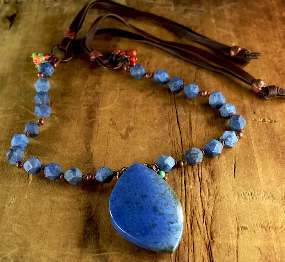Dumortierite Pendant Necklace, Tribal Necklace, Blue, Red, Leather, Southwest Jewelry