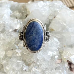Shop Dumortierite Rings! Dumortierite Sterling Silver Ring, Size 9, Blue Gem, Oval Gemstone, Flower Details, Unique Design, FREE SHIPPING | Natural genuine Dumortierite rings, simple unique handcrafted gemstone rings. #rings #jewelry #shopping #gift #handmade #fashion #style #affiliate #ad