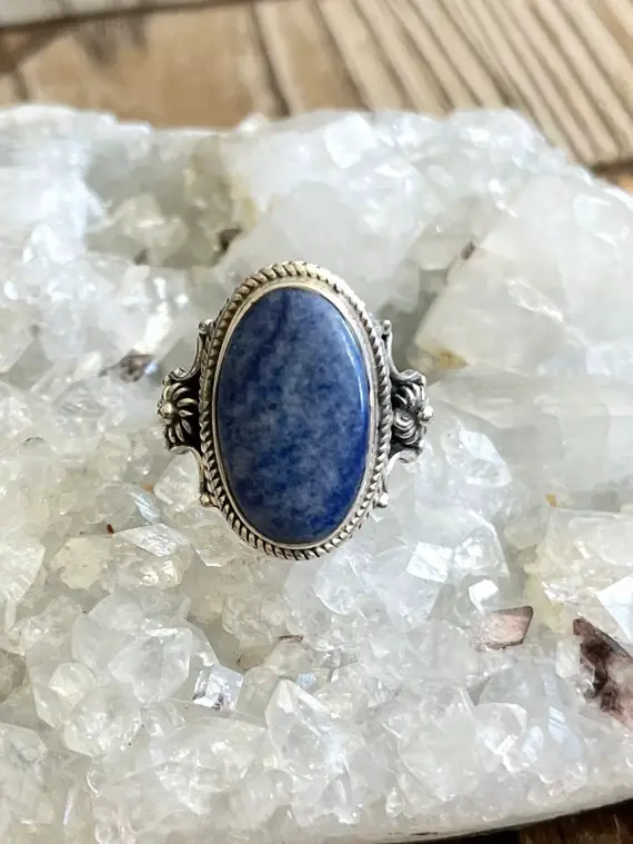 Dumortierite Sterling Silver Ring, Size 9, Blue Gem, Oval Gemstone, Flower Details, Unique Design, Free Shipping