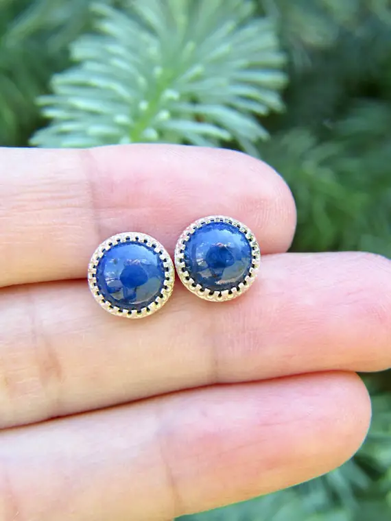 Dumortierite Stud Earrings In Sterling Silver - Dumortierite Studs - Dumortierite Earrings - Blue Studs - Gemstone Studs - 8mm Studs