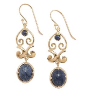 Shop Dumortierite Earrings! Unique Blue Gemstone Earring, Charcoal Blue Dumortierite Gold Scrollwork Design, Drop Earrings, Gemstone Earrings blue gemstone | Natural genuine Dumortierite earrings. Buy crystal jewelry, handmade handcrafted artisan jewelry for women.  Unique handmade gift ideas. #jewelry #beadedearrings #beadedjewelry #gift #shopping #handmadejewelry #fashion #style #product #earrings #affiliate #ad