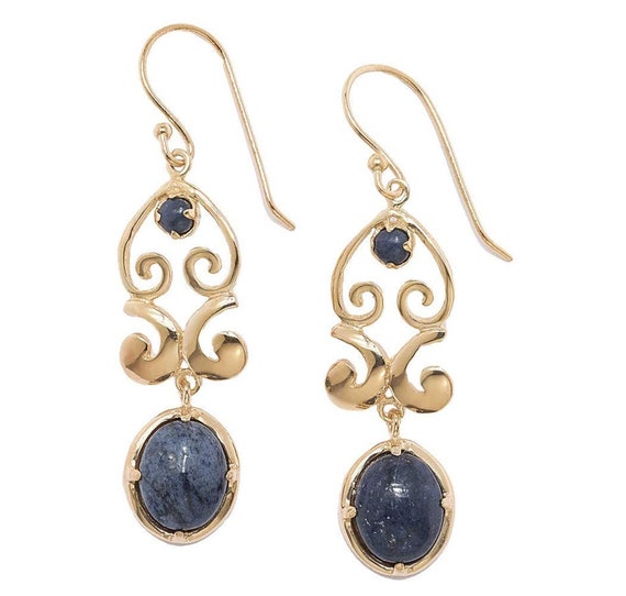 Unique Gemstone Earring, Charcoal Blue Dumortierite Gold Scrollwork Design, Drop Crystal Gemstone Earrings Blue Gemstone, Valentines Day