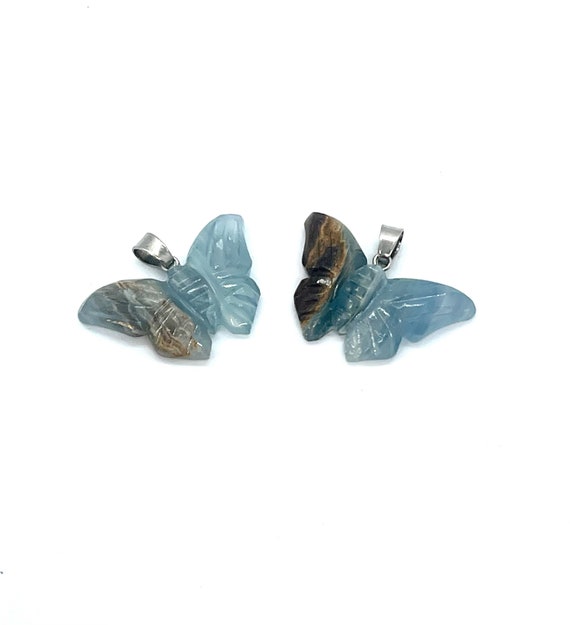 Blue Calcite Pendant, Butterfly Natural Stones Pendants, Aquatine Lemurian, Blue Onyx Necklace