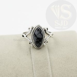 Genuine Snowflake Obsidian Ring, 925 Sterling Silver, Obsidian 6×12 mm Marquise Ring, Boho Ring, Beautiful Ring, Silver Ring, Womens Ring | Natural genuine Snowflake Obsidian rings, simple unique handcrafted gemstone rings. #rings #jewelry #shopping #gift #handmade #fashion #style #affiliate #ad