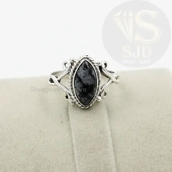 Genuine Snowflake Obsidian Ring, 925 Sterling Silver, Obsidian 6x12 Mm Marquise Ring, Boho Ring, Beautiful Ring, Silver Ring, Womens Ring