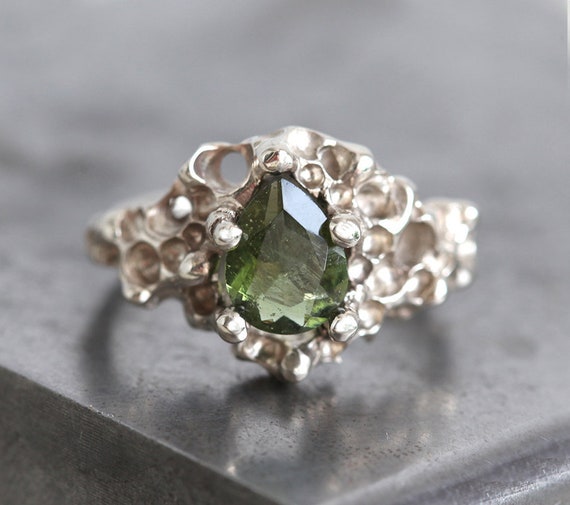 Gold Moldavite Ring, Unique Green Engagement Ring, Alternative Wedding Ring, Meteorite Crystal Ring
