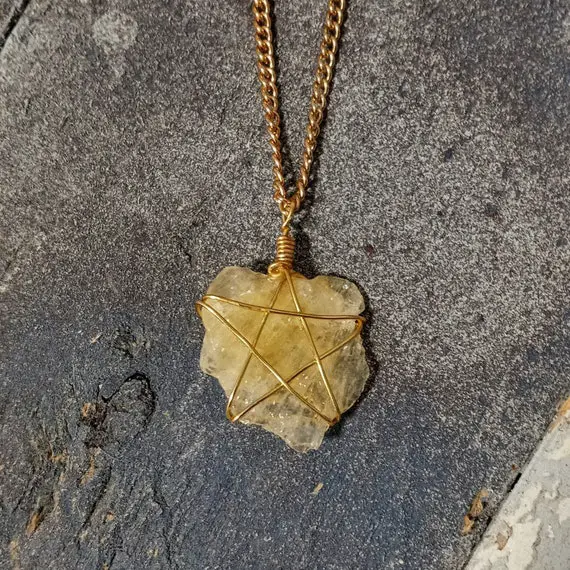 Gold Orange Calcite Star Necklace, Crystal Jewelry, Orange Calcite Necklace, Gold Wire-wrapped Jewelry, Star Jewelry, Free Crystal Per Order